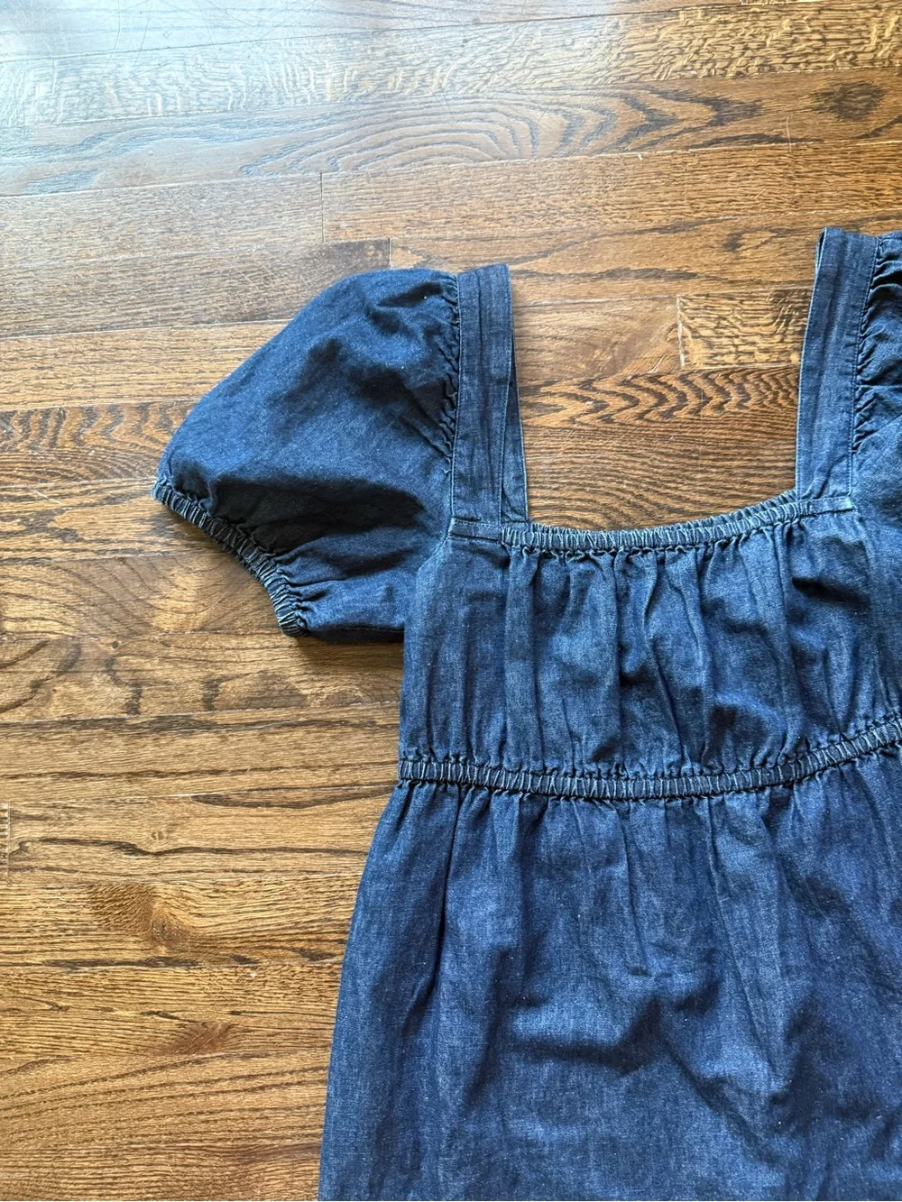 Square Neck Puff Sleeve Denim Mini Dress - Navy